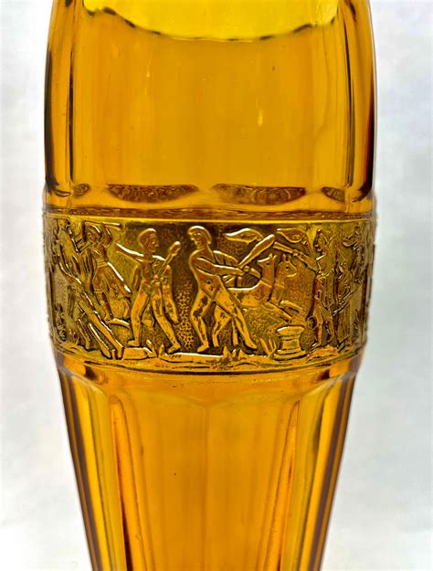 Art Deco Moser And Söhne Carlsbad Amber Glass Vase On Metal Foot Relief Cut Panel At 1stdibs