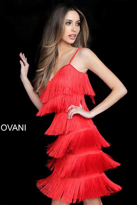 Red Spaghetti Strap Tier Fringe Cocktail Dress Jovani Cocktaildress