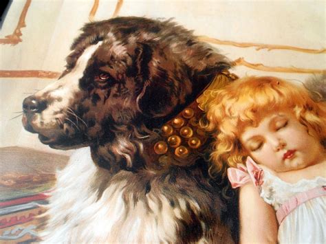 Victorian Print Framed Sleeping Girl And Saint Bernard Dog