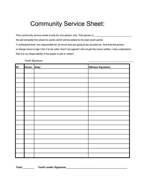 Printable Community Service Log Sheet