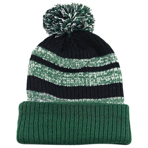 Winter Striped Cuffed Pom Pom Knit Soft Thick Beanie Skully Hat Green