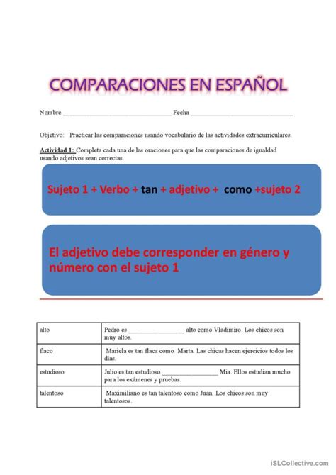 Comparaciones Práctica General D Español Ele Hojas De Trabajo Pdf And Doc