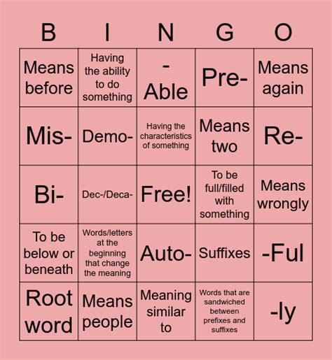 Prefixes And Suffixes Bingo Card
