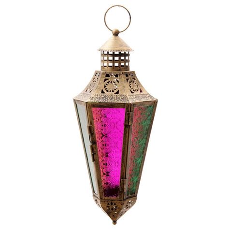 Moroccan Hanging Metal Lantern Pointed Design Coloured Glass 43cm H