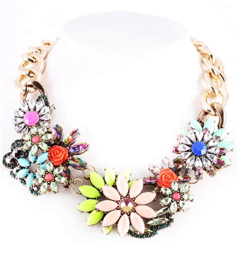 Colorful Bib Necklace Gold Flower Necklace Chunky Bold Chokerl