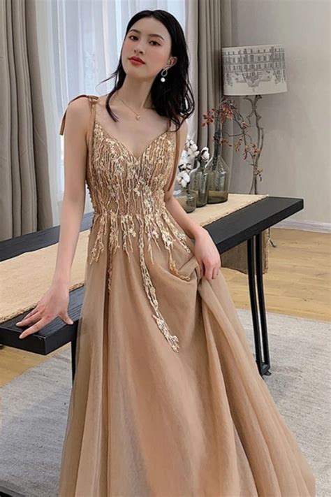 V Neck Champagne Lace Prom Dresses Champagne Lace Long Formal Evening