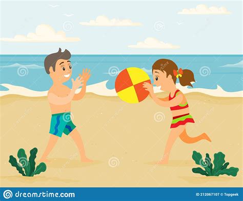 Children Are Throwing Ball To Each Other On Beach Boy With Girl