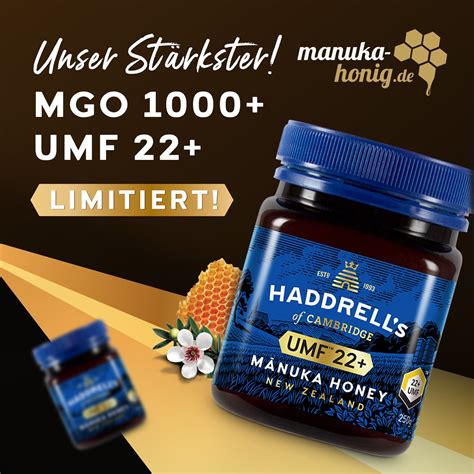 Er riecht intensiv harzig und leuchtet in einem zarten karamellbraun. Haddrell's Manuka Honig MGO 1000+ (UMF 22+) in Geschenkbox ...