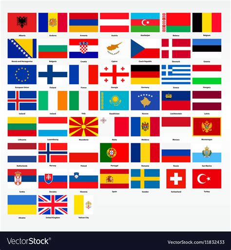 The european flag symbolises both the european union and, more broadly, the identity and unity of europe. Set of flags of all countries of Europe Royalty Free Vector