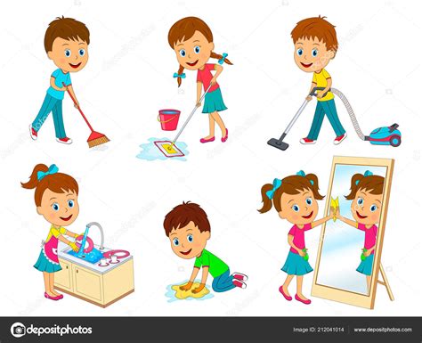 Collection Kidsl Doing Home Cleaning Sweeping Washing Floor Washing