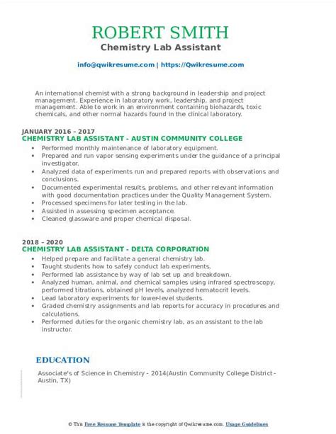 Graduate assistant resume has been created using stylish resume builder. Chemistry Lab Assistant Resume Samples | QwikResume