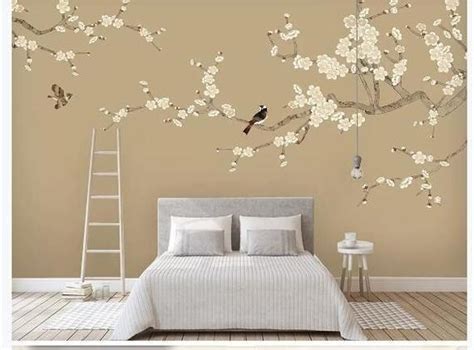 Chinoiserie Hand Painted Hanging Plum Blossom Tree Wallpaper Flying