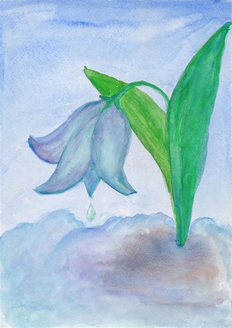 Delicate Spring Snowdrop Flower In The Snow Gouache Painting Stock