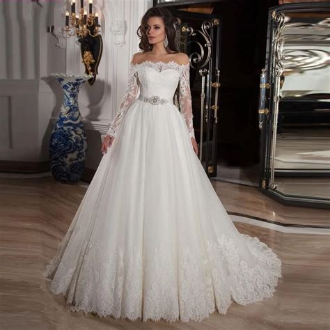 Wedding Dress 2015 Off The Shoulder A Line Lace Long Sleeve Tulle Court