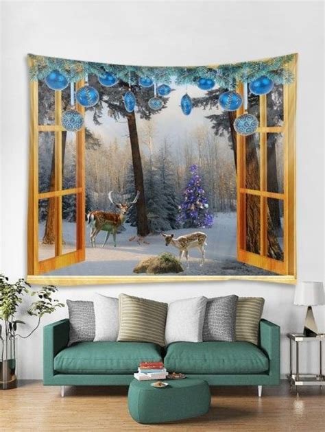 Window Christmas Forest Print Tapestry Wall Hanging Decoration