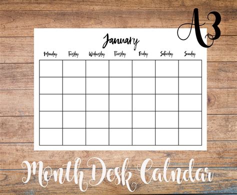 Undated Monthly Calendar Printable A3 | Month Calendar Printable