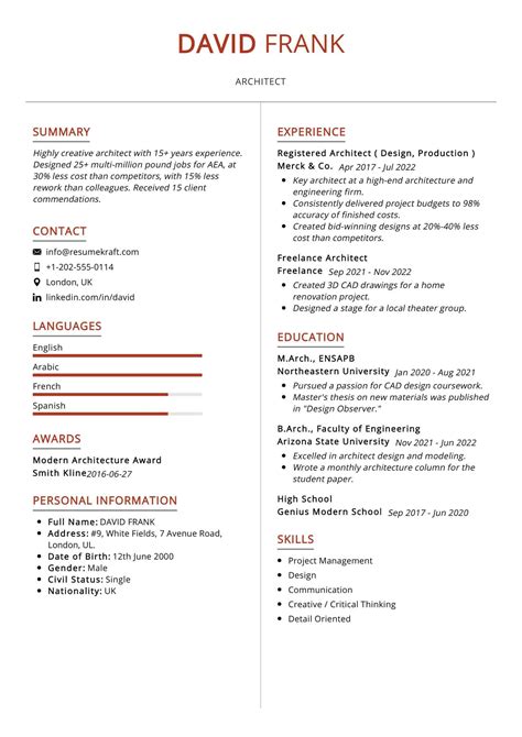 Resumes in this field tend to look a little different than those in others, with a greater focus on the job seeker's portfolio and pertinent skills. Architect Resume Sample - ResumeKraft
