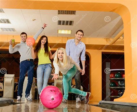 Smiling People Playing Bowling Stock Image Image Of Activity