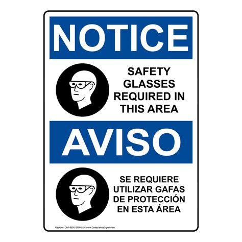 Osha Notice Safety Glasses Required In This Area Sign Oni 5650 Spanish