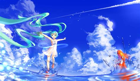Wallpaper Anime Girls Water Sky Clouds Fish Vocaloid Hatsune