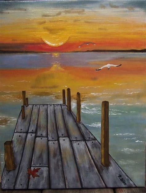 Sunset On Lake Dock 11x14 Primitive Acrylic Painting On Etsy Cabin
