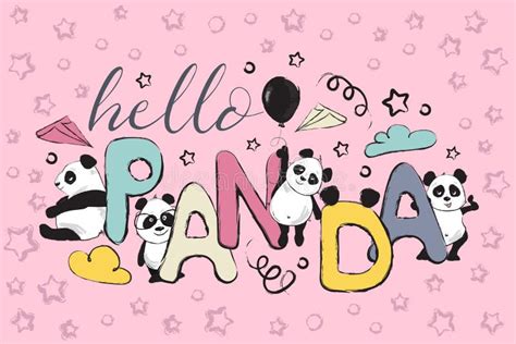 Hello Panda Greeting Card Design With Cute Panda Bear And Quote Stock