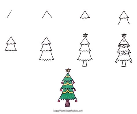 Step by step drawing tutorial on how to draw decorated christmas tree. How to draw a Christmas tree for kids - STEP BY STEP - drawingsforkids.net