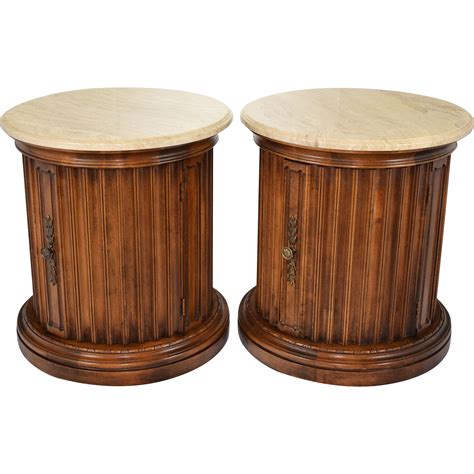 Pair Fluted Column Storage End Tables with Faux Marble Tops from ...