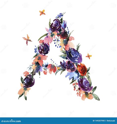Floral Watercolor Letter A Made Of Flowers Isolated Summer Letter On