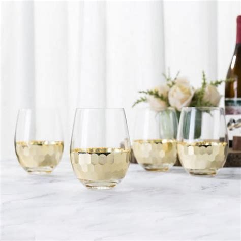 Glass And Gold Tone Hammered Design Stemless Wine Glasses Set Of 4 Stemless Wine Glasses