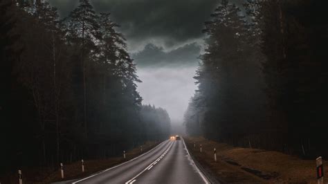 Wallpaper Road Fog Clouds Overcast Cars Trees Hd Picture Image