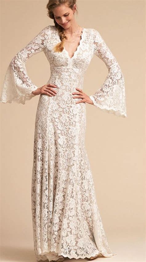 Boho Lace Flare Long Sleeves Wedding Dress Bell Sleeve Floral Etsy Wedding Dresses Vintage