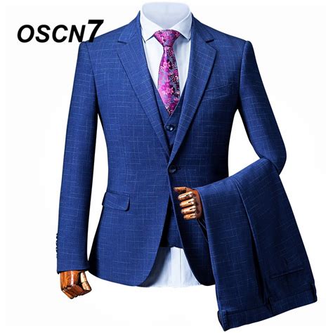 Oscn7 Blue Check Custom Made Suits Men Slim Fit Wedding Party Mens