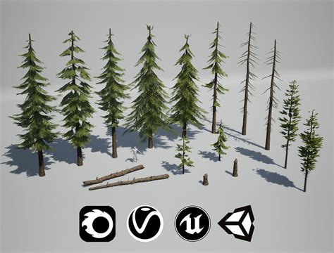 3d Model Pine Trees High Quality Low Poly Models Ue4 Unity Vray