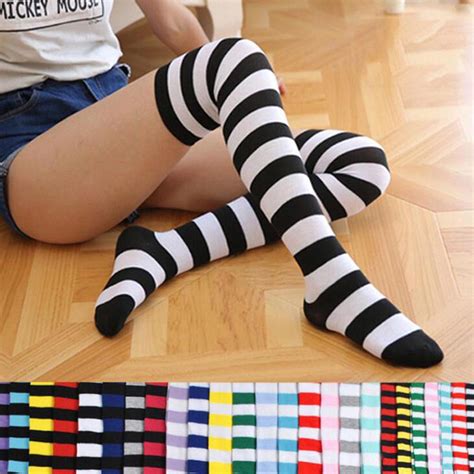 buy fashion women s cotton socks thigh high striped over the knee slim leg stockings at