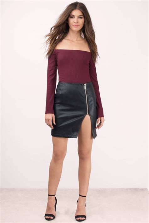Black Skirt Faux Leather Skirt Front Slit Skirt High Waisted