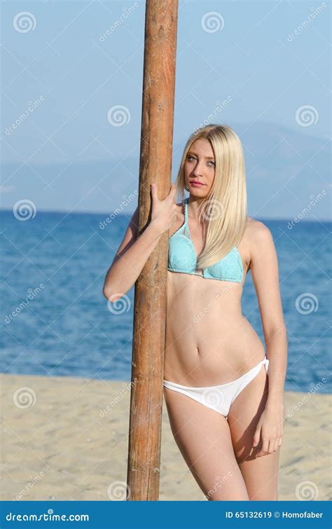 Blond Woman Wear Bikini Leaning On A Wooden Column Stock Image Image Of Relaxation Beauty