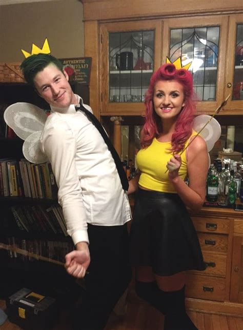 Cosmo wears a simple dress shirt and pants and wanda has on a bright yellow shirt with black tights. cosmo-and-wanda-halloween-costume-ideas-couple | Ecemella