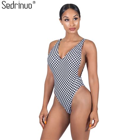 Sedrinuo Deep V Neck Backless Grid Bodysuit Women One Piece Jumpsuit