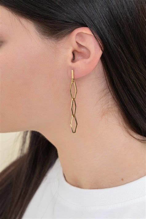 Dangling Diamonds Earrings K Solid Gold Long Earrings Simple Drop