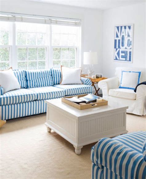 Fresh Blue And White Stripes Sofa Idea For A Coastal Cottage Featured