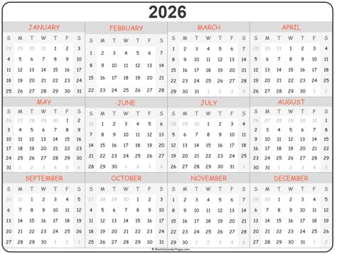2026 Year Calendar Yearly Printable Gambaran