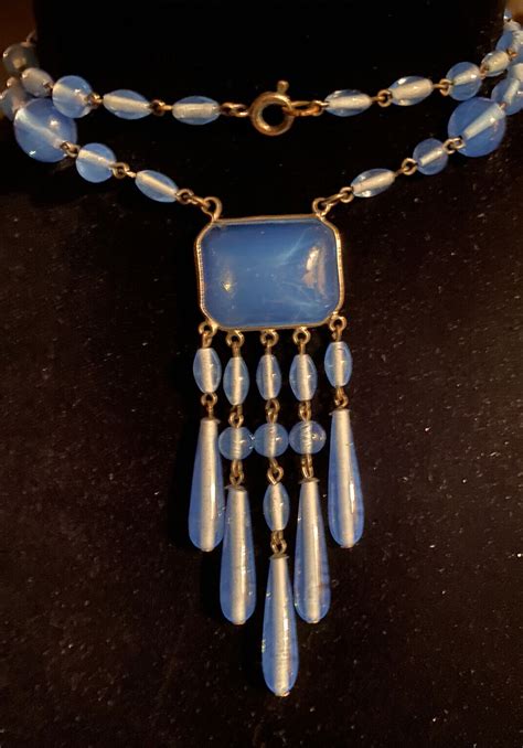 Vintage Czech Art Deco Blue Glass Fringe Necklace Gem
