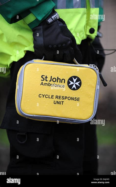 A Member Of St John Ambulance With A Cycle Response Kit Stock Photo