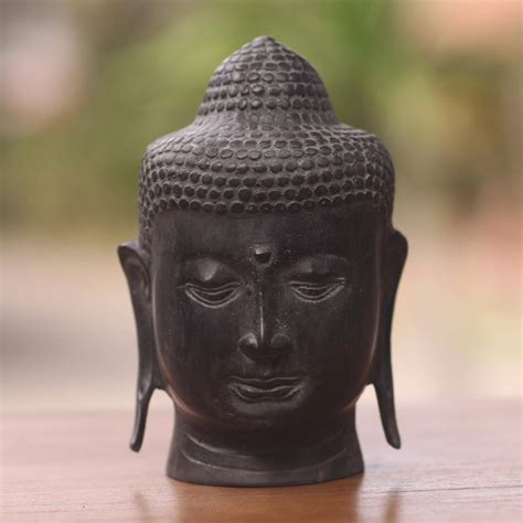 Cast Bronze Buddha Head Statuette From Balinese Artisan Buddha Head