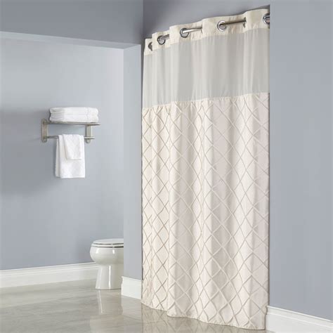 Hookless Beige Pintuck Shower Curtain With Chrome Raised Flex On Rings