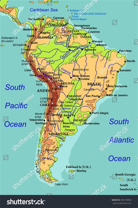 Map South America Names Countries Cities Stock Vector 383195893