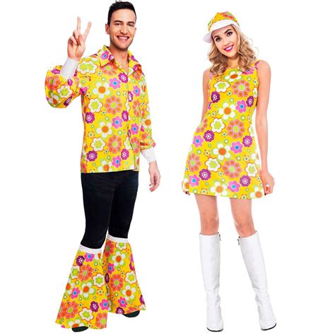 Adults 1960s Couple Fancy Dress Costume Flower Power Yellow 60s Men