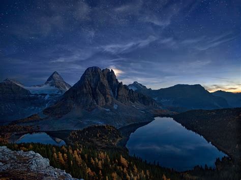 Desktop Wallpaper Summit Mountains Peak Lake Night Nature Hd Image