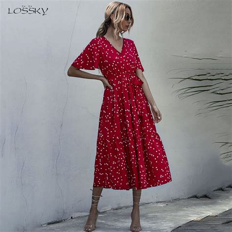 Long Dress Women Summer Casual Polka Dot Floral Print Midi Sundresses